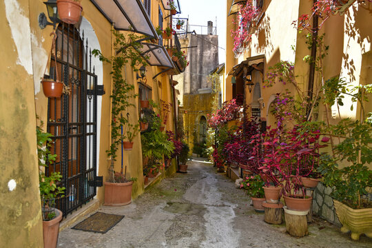A narrow street between the old buildings of Venafro, a medieval village in the Molise region.