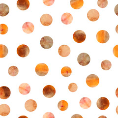 seamless watercolor hand painted pattern with red orange brown ochre polka dot circles. Natural organic shapes with bright vibrant intense colors for autumn fall design textile trendy modern