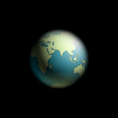 world map rising sun. Solar eclipse globe icon, space sunlight. Planet Earth sunny glow background view from space. Continents world Sunshine picture. Colorful solar eclipse poster presentation