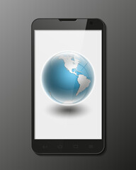 Smartphone, mobile phone isolated with Globe Western Hemisphere icon with smooth shadows and white map of the continents of the world realistic