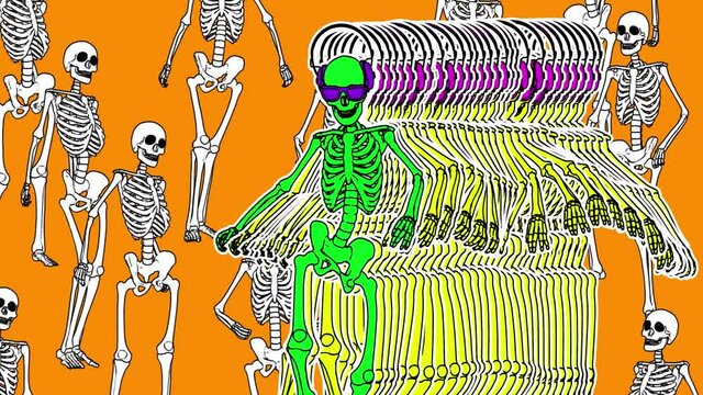 Seamless animation psychedelic skull printed drawn style cartoon isolated with alpha channel. Hypnotic halloween background with marker stroke effect.
