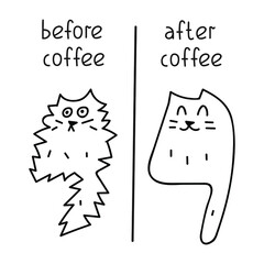 Funny illustration - before coffee and after coffee. Graphic design for greeting card, t shirt, print, stickers, posters design.