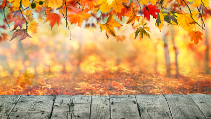 Wooden table with orange leaves autumn background - obrazy, fototapety, plakaty