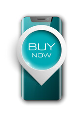 Smartphone "BUY NOW" mobile phone isolated with pointers to determine your location, Communicator PDA realistic illustration. Image smartphone, latest model phone background with pointer icon