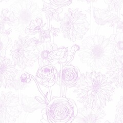 Many kind of garden line flower illustration. Violet line seamless pattern.