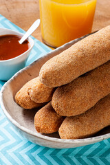 .Breaded and fried chicken skewer. Typical Brazilian snack.
