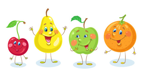 Funny fruits. Green apple, yellow pear, orange and red cherry. In a cartoon style. Isolated on white background. Vector flat illustration.