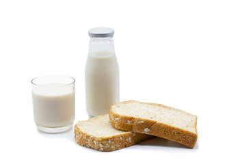Milk , bread and small cake for snack time, isolated on white background.