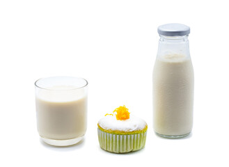 Milk , bread and small cake for snack time, isolated on white background.