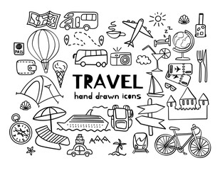 Hand drawn travel icons. Summer vacation doodles isolated on white background. Vector illustration.