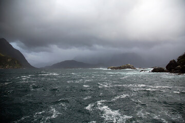 Fototapeta na wymiar Rough seas in Doubtful Sound - Fiordland National Park at Tasman Sea.