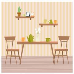 Dining table  with chairs, dishes and furniture. Apartment and cafe interior. Flat style vector illustration.