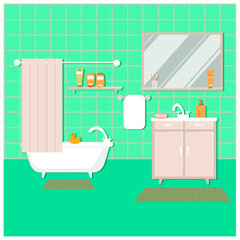 Naklejka na ściany i meble Modern bathroom interior with bathtub and furniture. Flat style vector illustration.