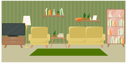 Living room with furniture. Cozy interior with sofa, armchair and tv. Flat style vector illustration.