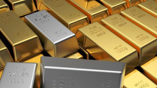 3D animation of rows of gold and silver bars as background. Precious metals. 4K resolution.