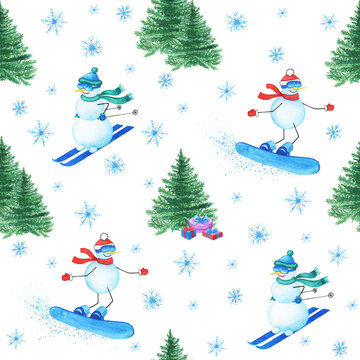 Simple pattern of with hand-painted snowman on skis,fir-tree, snowman on a snowboard, snowflake. Watercolor Christmas background.