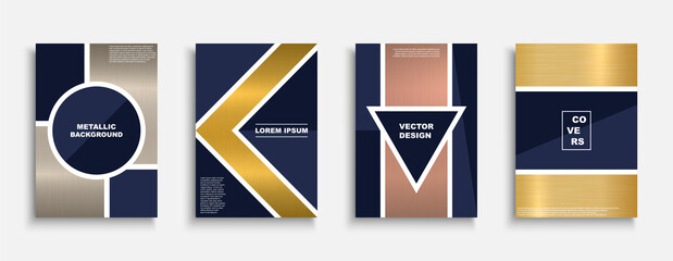 Set of vector stylish metallic covers, templates, backgrounds, placards, brochures, banners, flyers and etc. Decorative trendy posters with creative polished metal texture