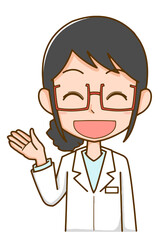 手を上げて紹介する白衣を着た医療関係者の女性