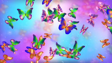 Beautiful Swarm Butterflies Flying In The Wind On Spring Colorful Background