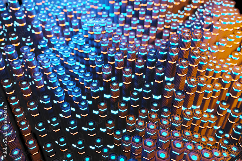 Poster metallic black blue and orange glowing hexagons moving pillars background 3d rendering