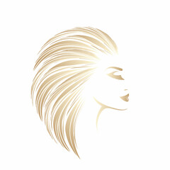 Hair salon and beauty studio logo.Beautiful woman with long, wet hairstyle and elegant makeup.Blonde young lady portrait.Pretty female smiling face.Golden color illustration.Profile view.