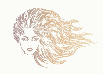 Beautiful woman with long, wavy hairstyle flowing and elegant makeup.Hair salon and beauty studio logo.Blonde young lady portrait illustration.Pretty female face.Front view.