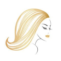 Beautiful woman with long, wavy hairstyle and elegant makeup.Hair salon and beauty studio logo.Blonde young lady portrait illustration.Pretty female face.Golden hair and lipstick color.