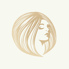 Hair salon and beauty studio logo.Beautiful woman with long, wavy hairstyle and elegant makeup.Blonde young lady portrait.Pretty face.Golden color illustration.