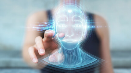 Woman using digital artificial intelligence head interface 3D rendering