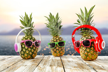 Fresh fruits on desk and summer beach landscape 