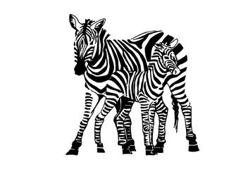 Graphical zebra mother with a child  isolated on white, vector family illustration for printing and design