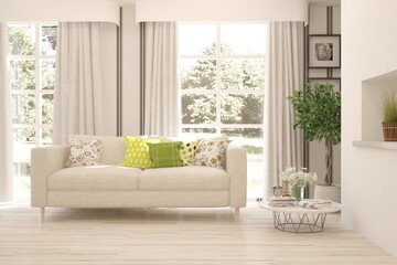 Naklejka premium White modern room with sofa. Scandinavian interior design. 3D illustration