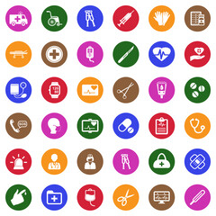 Ambulance Icons. White Flat Design In Circle. Vector Illustration.