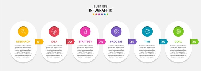 Concept of arrow business model with 6 successive isometric steps. Six colorful graphic elements. Timeline design for brochure, presentation. Infographic design layout