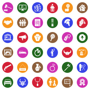 Auction Icons. White Flat Design In Circle. Vector Illustration.