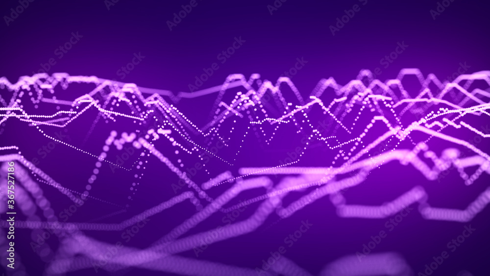 Fototapete Futuristic pink illustration. Wave of particles. Abstract background with a dynamic wave. Artificial intelligence. Big data. 3d rendering.