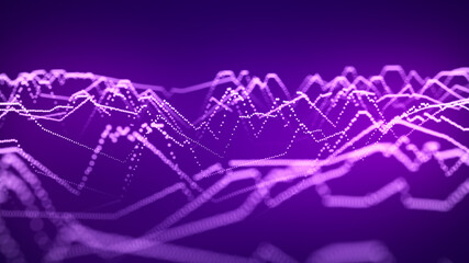 Futuristic pink illustration. Wave of particles. Abstract background with a dynamic wave. Artificial intelligence. Big data. 3d rendering.