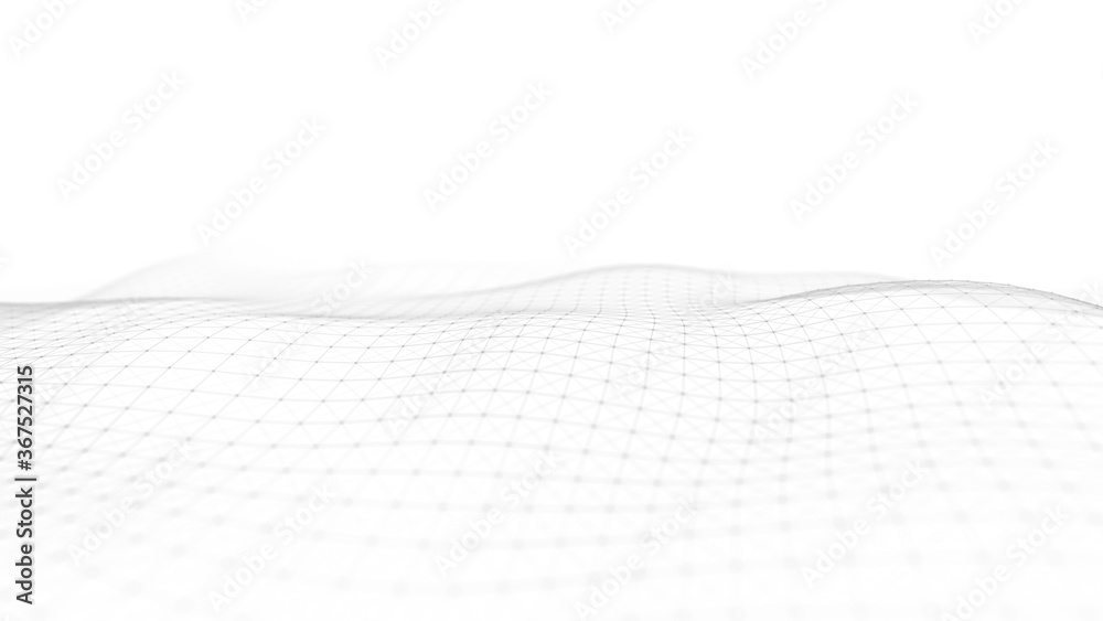 Poster Wave white background. Abstract white futuristic background. Wave with connecting dots and lines on white background. Wave of particles. 3D rendering.