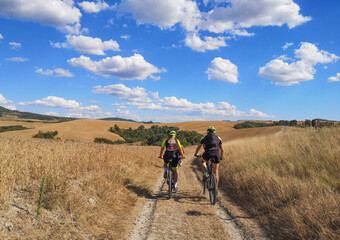 Fototapeta na wymiar coppia va in bicicletta sui sentieri di grano in campagna toscana