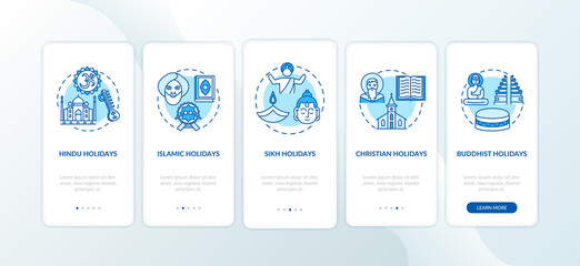 Indian religious holidays onboarding mobile app page screen with concepts. Hindu and Islamic holidays. Walkthrough 5 steps graphic instructions. UI vector template with RGB color illustrations