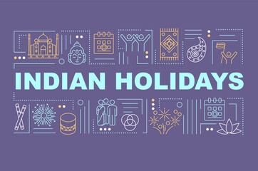 Indian holidays word concepts banner. Culture and traditions of India and hindu traditions infographics with linear icons on pink background. Isolated typography. Vector outline RGB color illustration