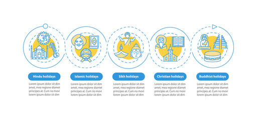 Indian religious holidays vector infographic template. Hindu holidays. Presentation design elements. Data visualization with 5 steps. Process timeline chart. Workflow layout with linear icons