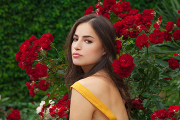 pretty young woman in rose garden - 367528125