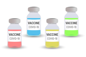 Vaccine bottle 4 set different colour liquid vector design. Only vaccine effective treatment for COVID-19 coronavirus. Vaccine, bottle, liquid 