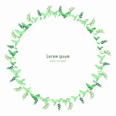 Herbal watercolor circle wreath frame template with copy space for text. Hand drawn leaves, grass.