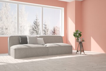 White room with sofa and winter landscape in window. Scandinavian interior design. 3D illustration