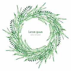 Herbal watercolor circle wreath frame template with copy space for text. Hand drawn leaves, grass.