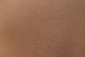 Close-up photo of water drops on human skin. Wet part of body.