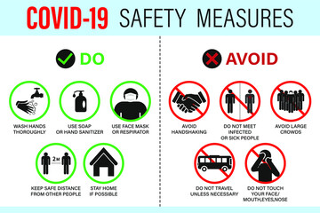 Corona virus covid -19 precautions, what to do and what to avoid, warning signs - how to protect yourself and others - what to do signs-infographic poster suitable for printing