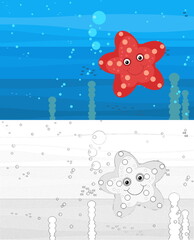 Cartoon underwater scene with sketch with swimming coral reef fish illustration